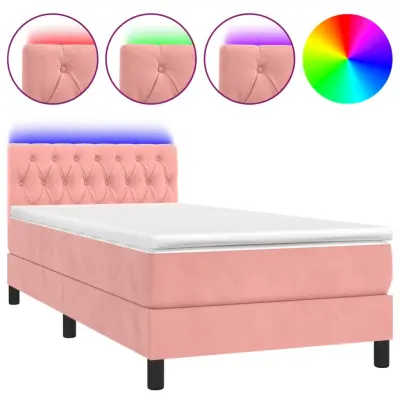vidaXL Box spring postelja z vzmetnico LED roza 90x190 cm žamet