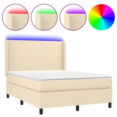 vidaXL Box spring postelja z vzmetnico LED krem 140x200 cm blago