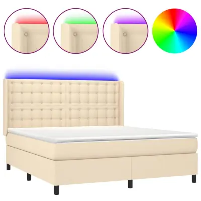 vidaXL Box spring postelja z vzmetnico LED krem 160x200 cm blago