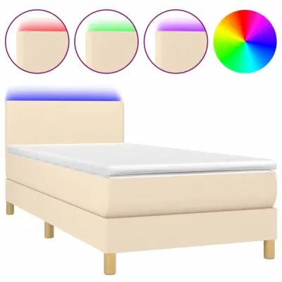 vidaXL Box spring postelja z vzmetnico LED krem 90x200 cm blago