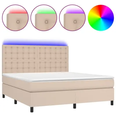 vidaXL Box spring postelja vzmetnico LED kapučino 180x200 cm um. usnje