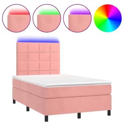 vidaXL Box spring postelja z vzmetnico LED roza 120x200 cm žamet