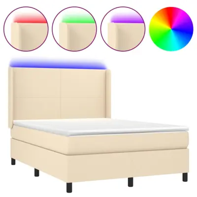vidaXL Box spring postelja z vzmetnico LED krem 140x190 cm blago