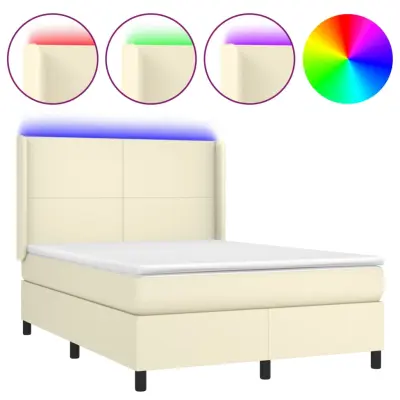 vidaXL Box spring postelja z vzmetnico LED krem 140x190cm umetno usnje