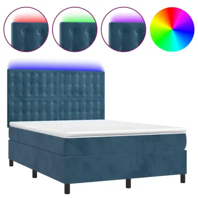 vidaXL Box spring postelja z vzmetnico LED temno modra 140x200cm žamet