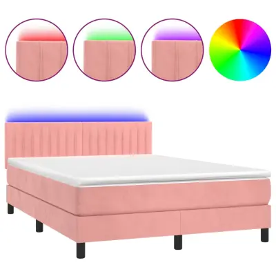 vidaXL Box spring postelja z vzmetnico LED roza 140x190 cm žamet