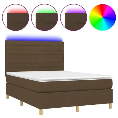 vidaXL Box spring postelja z vzmetnico LED temno rjava 140x190cm blago