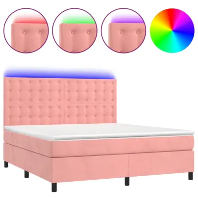 vidaXL Box spring postelja z vzmetnico LED roza 160x200 cm žamet