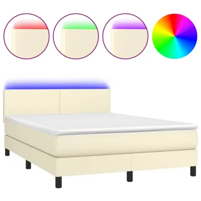 vidaXL Box spring postelja z vzmetnico LED krem 140x200cm umetno usnje