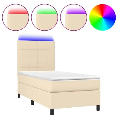 vidaXL Box spring postelja z vzmetnico LED krem 90x190 cm blago