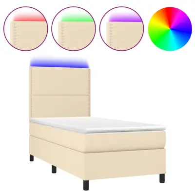 vidaXL Box spring postelja z vzmetnico LED krem 90x190 cm blago