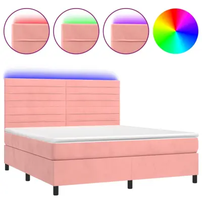 vidaXL Box spring postelja z vzmetnico LED roza 160x200 cm žamet