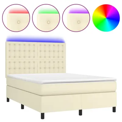 vidaXL Box spring postelja z vzmetnico LED krem 140x190cm umetno usnje