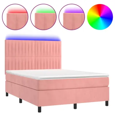 vidaXL Box spring postelja z vzmetnico LED roza 140x190 cm žamet