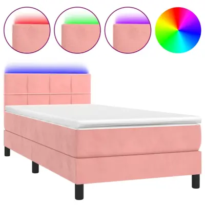 vidaXL Box spring postelja z vzmetnico LED roza 90x200 cm žamet