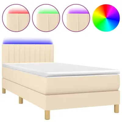 vidaXL Box spring postelja z vzmetnico LED krem 90x200 cm blago