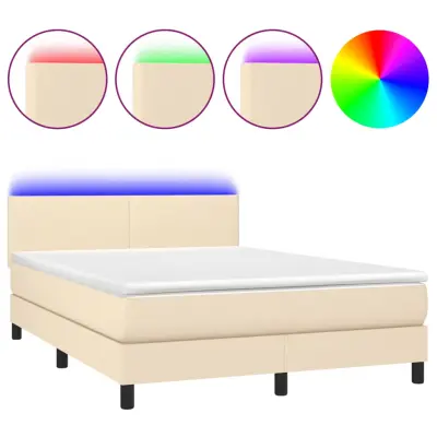 vidaXL Box spring postelja z vzmetnico LED krem 140x190 cm blago