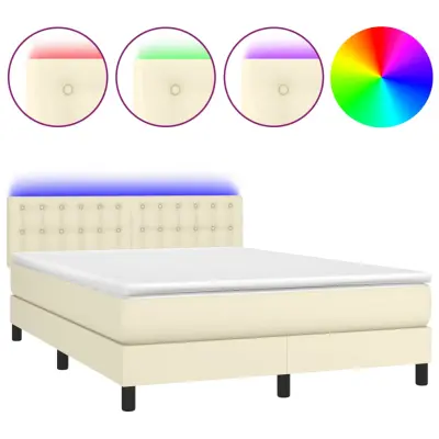 vidaXL Box spring postelja z vzmetnico LED krem 140x200cm umetno usnje