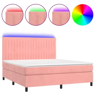 vidaXL Box spring postelja z vzmetnico LED roza 180x200 cm žamet