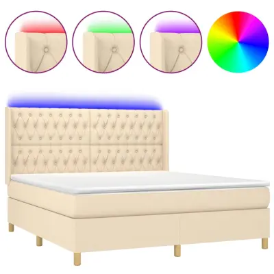 vidaXL Box spring postelja z vzmetnico LED krem 180x200 cm blago