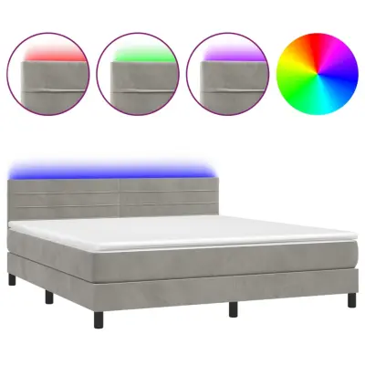 vidaXL Box spring postelja z vzmetnico LED svetlo siva 180x200cm žamet