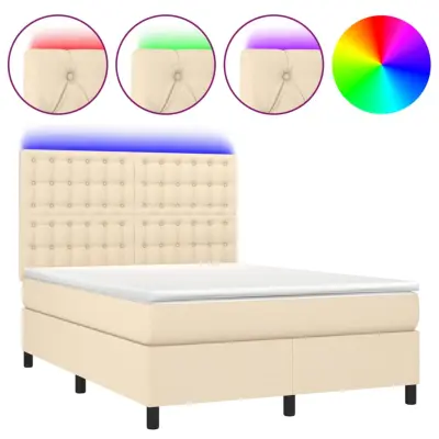 vidaXL Box spring postelja z vzmetnico LED krem 140x200 cm blago