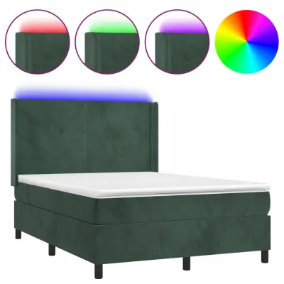 vidaXL Box spring postelja z vzmetnico LED tem. zelena 140x200cm žamet