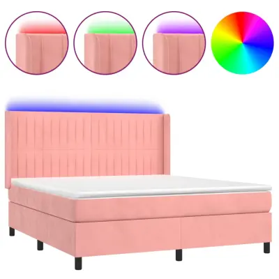 vidaXL Box spring postelja z vzmetnico LED roza 160x200 cm žamet