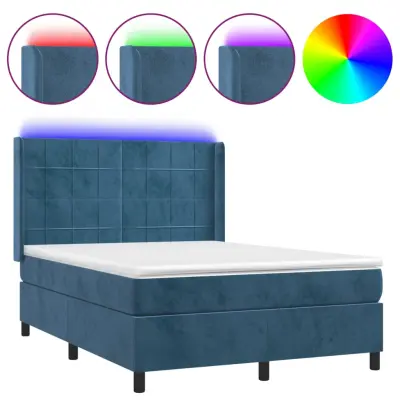 vidaXL Box spring postelja z vzmetnico LED temno modra 140x190cm žamet