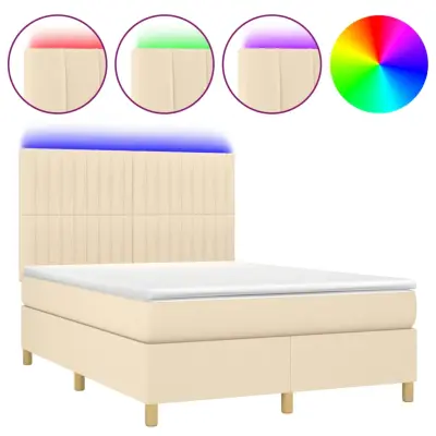 vidaXL Box spring postelja z vzmetnico LED krem 140x190 cm blago