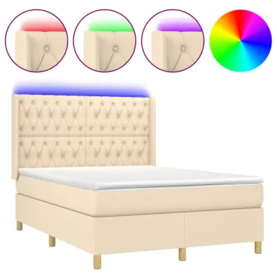 vidaXL Box spring postelja z vzmetnico LED krem 140x190 cm blago