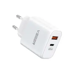 VEGER 65W1A1C 2-portni polnilec, USB-A/USB-C, QC3.0/PD3.0, bel