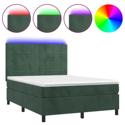 vidaXL Box spring postelja z vzmetnico LED tem. zelena 140x190cm žamet