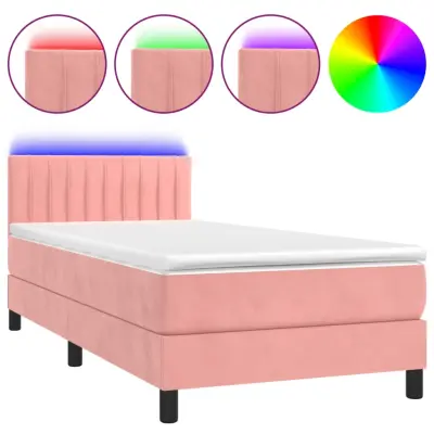 vidaXL Box spring postelja z vzmetnico LED roza 100x200 cm žamet