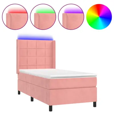 vidaXL Box spring postelja z vzmetnico LED roza 90x190 cm žamet