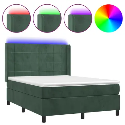 vidaXL Box spring postelja z vzmetnico LED tem. zelena 140x200cm žamet