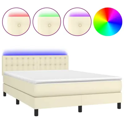 vidaXL Box spring postelja z vzmetnico LED krem 140x190cm umetno usnje