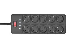 Razdelilec WELL 220V 1/10, 2m, 3x USB-A + 1x USB-C, prenapetostna zaščita, 16A, 3680W