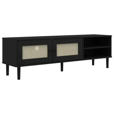 vidaXL TV omarica SENJA videz ratana črna 158x40x49 cm trdna borovina