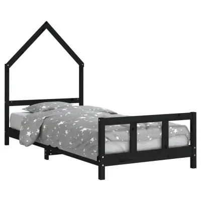 vidaXL Otroški posteljni okvir črn 90x190 cm trdna borovina