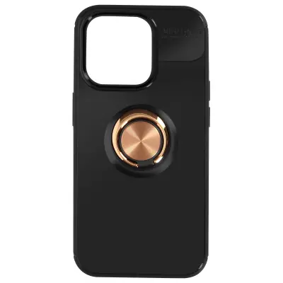 Crn silikonski ovitek za iPhone 15 Pro, podporni prstan iz roza zlatega kroma