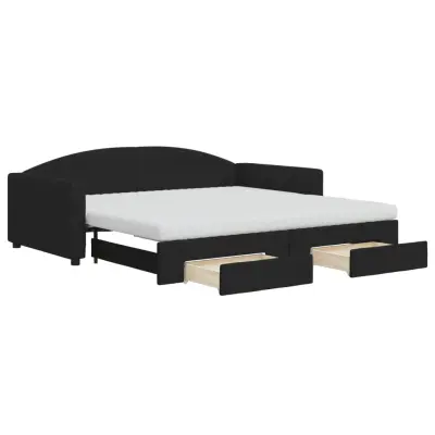 vidaXL Izvlečna dnevna postelja s predali črna 100x200 cm blago