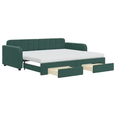 vidaXL Izvlečna dnevna postelja s predali temno zelena 90x200 cm žamet