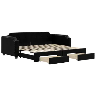 vidaXL Izvlečna dnevna postelja s predali črna 100x200 cm blago