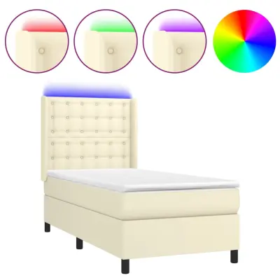 vidaXL Box spring postelja z vzmetnico LED krem 90x200 cm umetno usnje