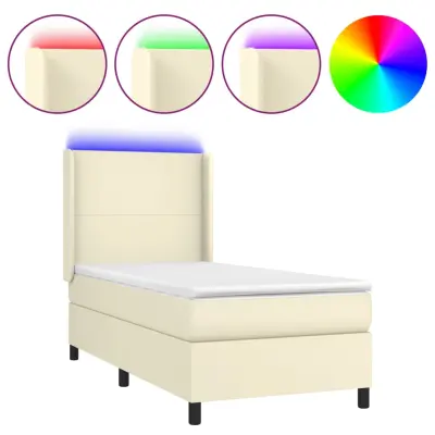 vidaXL Box spring postelja z vzmetnico LED krem 90x200 cm umetno usnje