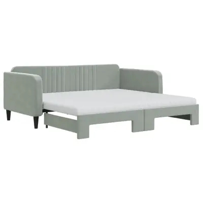 vidaXL Izvlečna dnevna postelja z vzmetnicami sv. siva 90x190 cm žamet