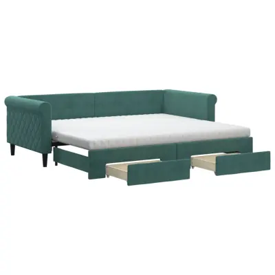 vidaXL Izvlečna dnevna postelja s predali temno zelena 90x200 cm žamet
