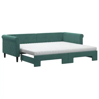 vidaXL Izvlečna dnevna postelja z vzmetnico tm. zelena 90x200 cm žamet