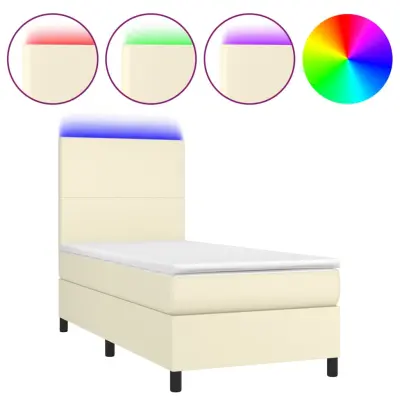 vidaXL Box spring postelja z vzmetnico LED krem 90x200 cm umetno usnje